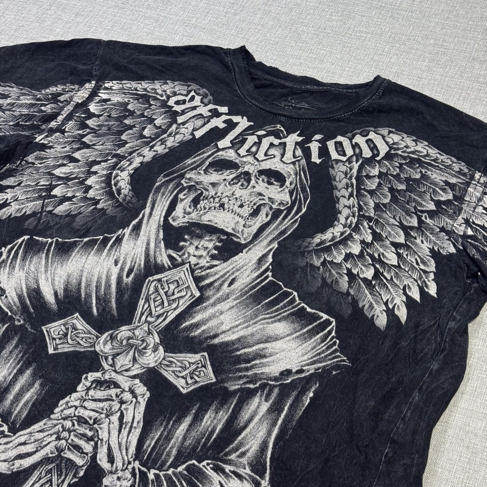 Affliction Aleksander Emelianenko Distressed T-Shirt Mens L Black Skull Wings